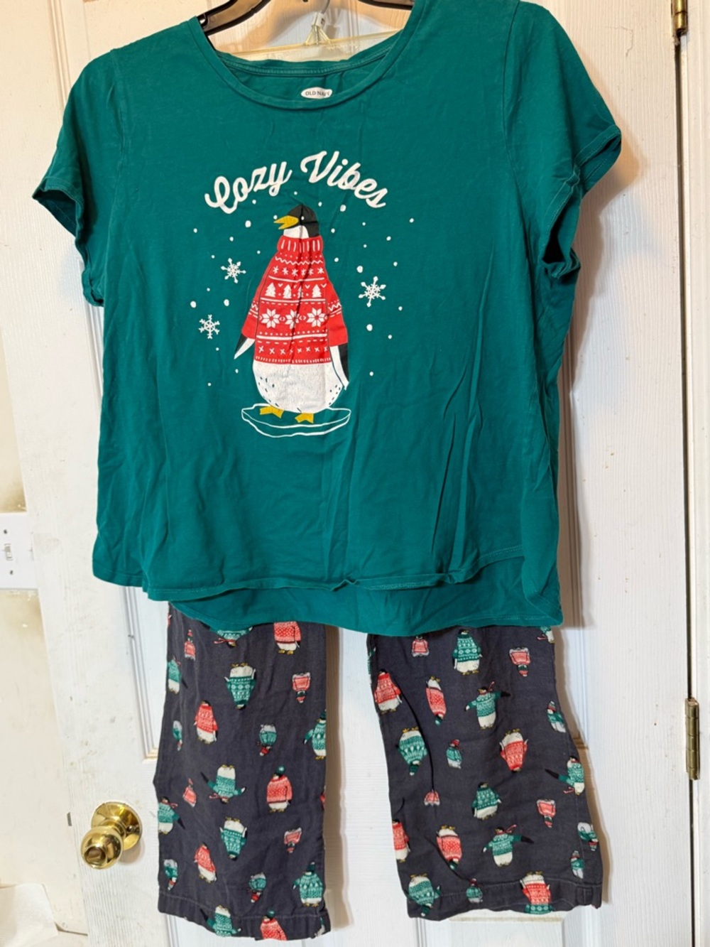 Old Navy Teal Top with Dark Gray Penguin Pajama Set